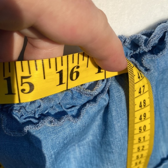 BLUE DENIM MIDI DRESS  LC LAUREN CONRAD SHIFT XS OFF SHOULDER faux DENIM… - Picture 11 of 11